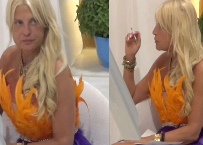 Μυκόνος: Η Μαρίνα Πατούλη εμφανίστηκε με μωβ φτερά και πούπουλα και ξετρελαίνανε τους άντρες