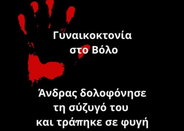 Νέα γυναικοκτονία στον Βόλο: Άνδρας δολοφόνησε τη σύζυγό του και τράπηκε σε φυγή