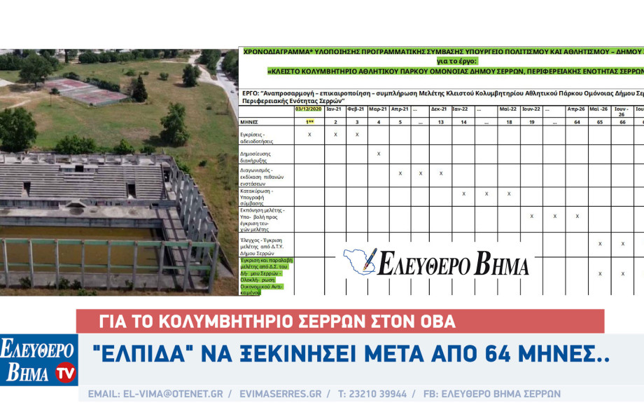 Σέρρες - Για το νέο κολυμβητήριο στον ΟΒΑ "ελπίδα" να ξεκινήσει μετά από 68 μήνες..